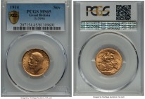 George V gold Sovereign 1914 MS65 PCGS, Royal mint, KM820, S-3996. A gem example of this early wartime issue displaying silky smooth surfaces radiatin...