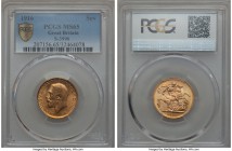 George V gold Sovereign 1916 MS65 PCGS, Royal mint, KM820, S-3996. A coin with full mint bloom and nearly flawless surfaces. A pleasure to behold, eve...