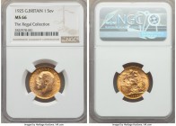George V gold Sovereign 1925 MS66 NGC, KM820. An ultra-high grade for the type, almost apricot in hue with a level of detail seldom encountered. Ex. T...