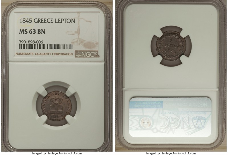 Othon Lepton 1845 MS63 Brown NGC, Athens mint, KM22. A rich dark chocolate rendi...