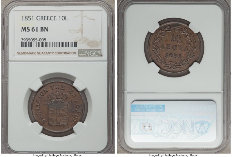 Othon 10 Lepta 1851 MS61 Brown NGC, Athens mint, KM29. A generally low mintage t...