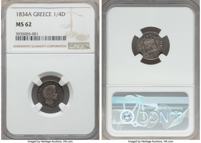 Othon 1/4 Drachma 1834-A MS62 NGC, Paris mint, KM18. A conditional rarity to be ...