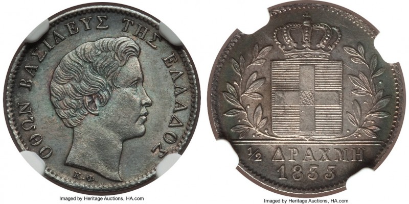 Othon 1/2 Drachma 1833 MS63 NGC, KM19. A charming example with a deep underlying...