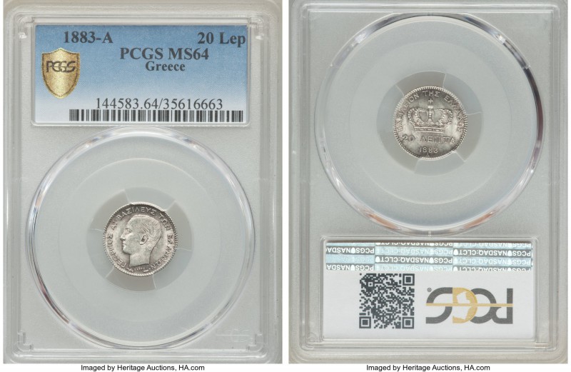 George I 20 Lepta 1883-A MS64 PCGS, Paris mint, KM44. Remarkably choice and the ...