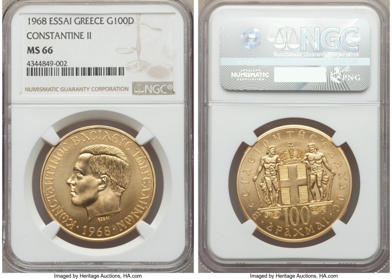 Constantine II gold Essai 100 Drachmai 1968 MS66 NGC, KM-Unl. Private restrike i...