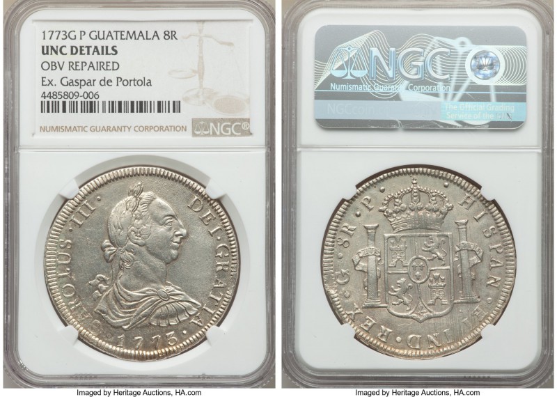 Charles III 8 Reales 1773 G-P UNC Details (Obverse Repaired) NGC, Guatemala City...