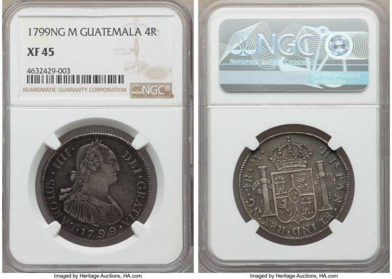 Charles IV 4 Reales 1799 NG-M XF45 NGC, Nueva Guatemala mint, KM52. A comparativ...