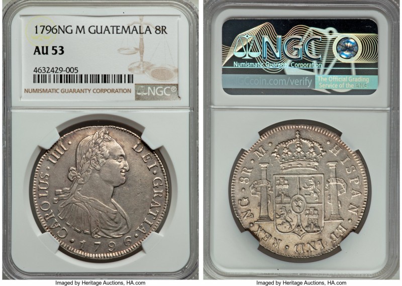Charles IV 8 Reales 1796 NG-M AU53 NGC, Nueva Guatemala mint, KM53. A few light ...