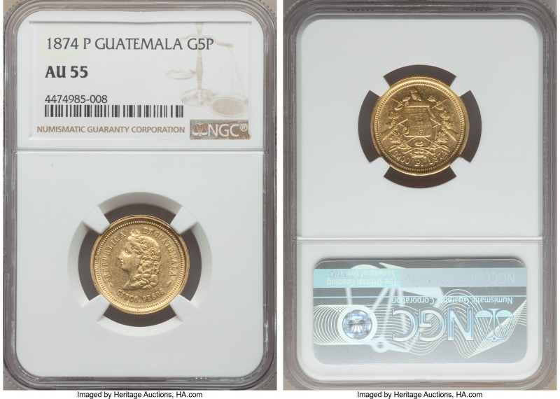 Republic gold 5 Pesos 1874-P AU55 NGC, Neuva Guatemala mint, KM198, Fr-45.

HID9...