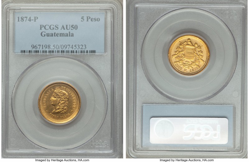 Republic gold 5 Pesos 1874-P AU50 PCGS, KM198. Well-centered with muted luster a...