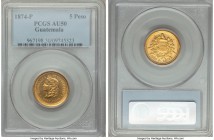 Republic gold 5 Pesos 1874-P AU50 PCGS, KM198. Well-centered with muted luster across the surfaces, and most attractive overall. 

HID99912102018