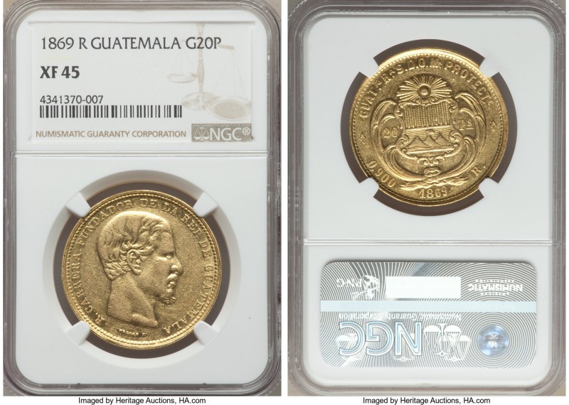 Republic gold 20 Pesos 1869-R XF45 NGC, KM194.  Portrait of Carrera.

HID9991210...