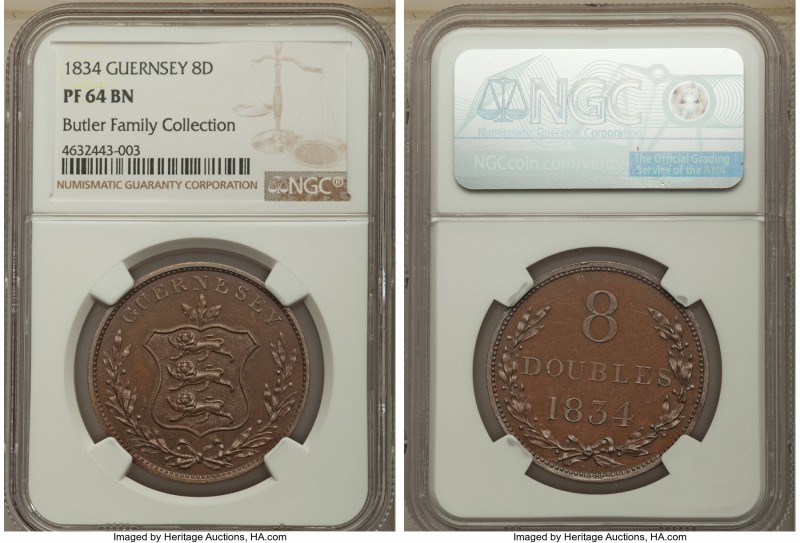British Dependency Proof 8 Doubles 1834 PR64 Brown NGC, KM3a. Razor-sharp, with ...