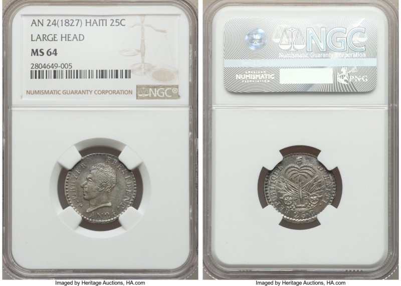 Republic 25 Centimes L'An 24 (1827) MS64 NGC, KM18.1. Large head variety and imp...