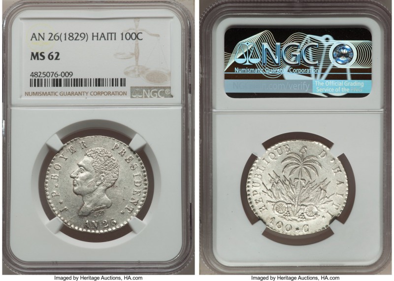 Republic 100 Centimes L'An 26 (1829) MS62 NGC, KMA23. A genuinely remarkable spe...