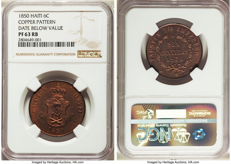Faustin I copper Proof Pattern 6 Centimes 1850 PR63 Red and Brown NGC, KM-Pn46.
...