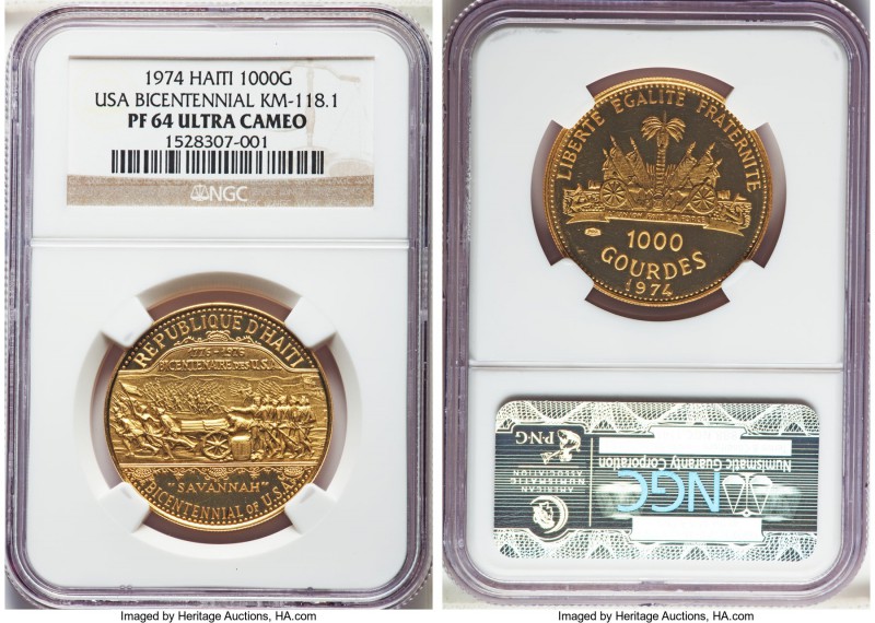 Republic gold Proof "USA Bicentennial" 1000 Gourdes 1974 PR64 Ultra Cameo NGC, K...