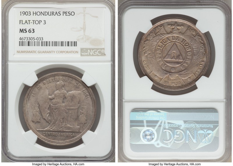 Republic Peso 1903 MS63 NGC, KM52. Flat-top 3 variety. A very rare type in Mint ...