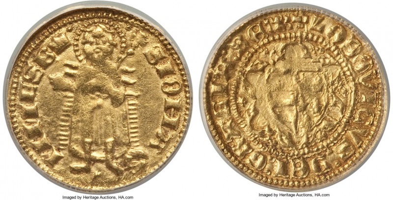 Louis I (1342-82) gold Ducat (Goldgulden) ND AU50 ANACS, Husz-513, CNH-63. +LODO...