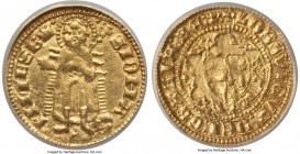Louis I (1342-82) gold Ducat (Goldgulden) ND AU50 ANACS, Husz-513, CNH-63. +LODOVICVS: DЄI: GRACIA: RЄX, arms of Hungary and Anjou within sexfoil / • ...