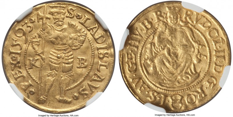 Rudolf II gold Ducat 1593-KB AU58 NGC, Kremnitz mint, Fr-63, Husz-1002,  S • LAD...