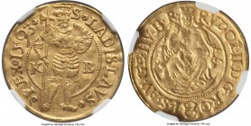 Rudolf II gold Ducat 1593-KB AU58 NGC, Kremnitz mint, Fr-63, Husz-1002,  S • LADISLAVS • | • REX • 1593 •, St. Ladislaus standing facing, holding axe ...