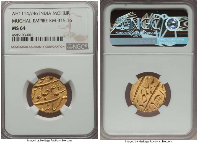 Mughal Empire. Aurangzeb Alamgir gold Mohur AH 1114 Year 46 (1746/7) MS64 NGC, B...