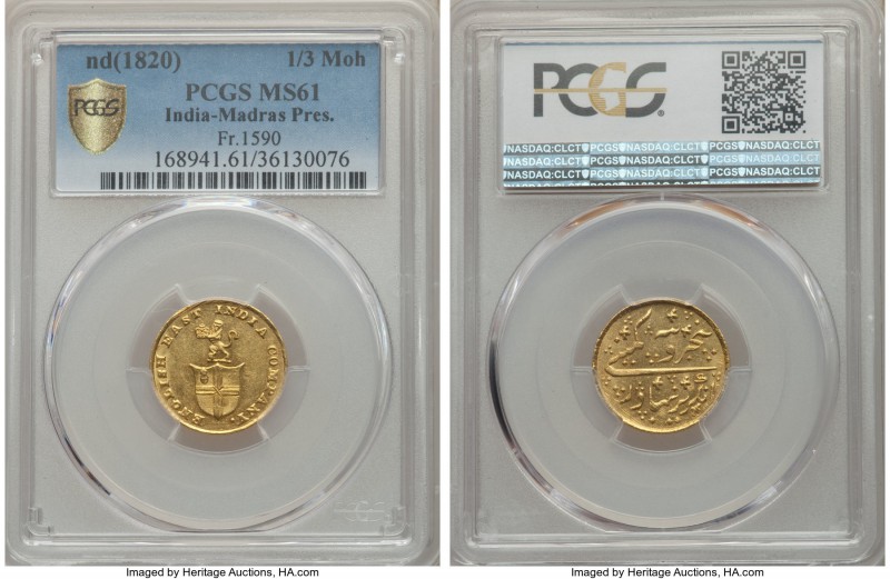 British India. Madras Presidency gold 5 Rupees (1/3 Mohur) ND (1820) MS61 PCGS, ...