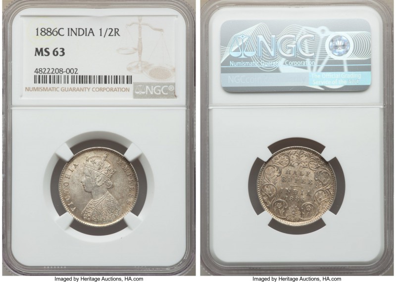 British India. Victoria 1/2 Rupee 1886-C MS63 NGC, Calcutta mint, KM491. Choice ...