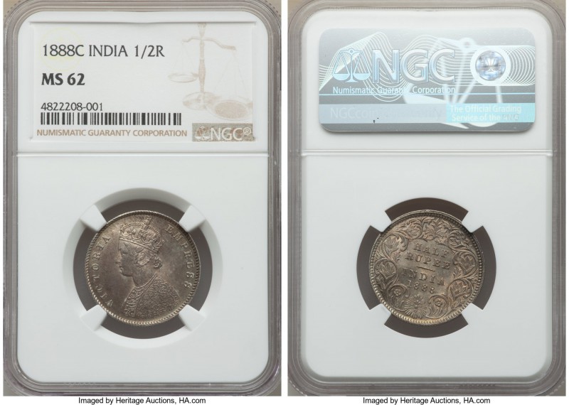 British India. Victoria 1/2 Rupee 1888-C MS62 NGC, Calcutta mint, KM491. Toned t...