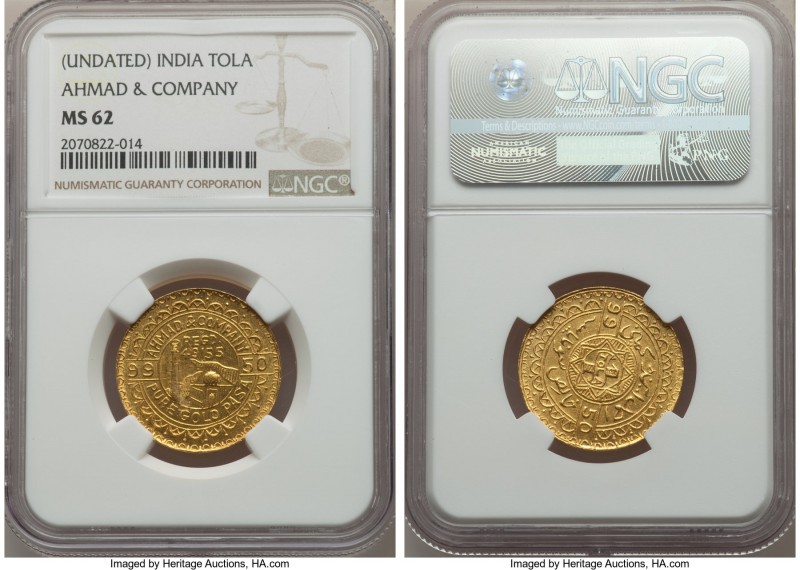 Ahmad & Company Private gold Tola ND (c. 1920s) MS62 NGC, KMX-Unl., Fr-1612. A s...