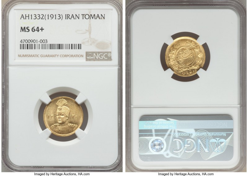 Ahmad Shah gold Toman AH 1332 (1913) MS64+ NGC, Tehran mint, KM1074. A relativel...