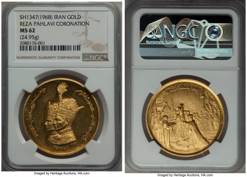 Muhammad Reza Pahlavi gold Coronation Medal SH 1347 (1968) MS62 NGC, 38mm. 24.95...