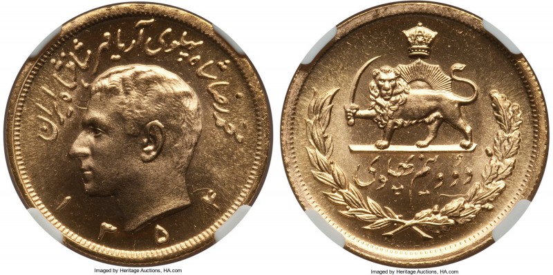 Muhammad Reza Pahlavi gold 2-1/2 Pahlavi SH 1354 (1975) MS67+ NGC, KM1201. A tru...
