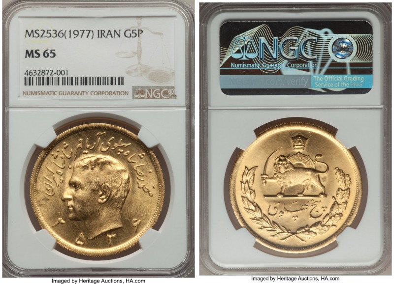 Muhammad Reza Pahlavi gold 5 Pahlavi MS 2536 (1977) MS65 NGC, Tehran mint, KM120...