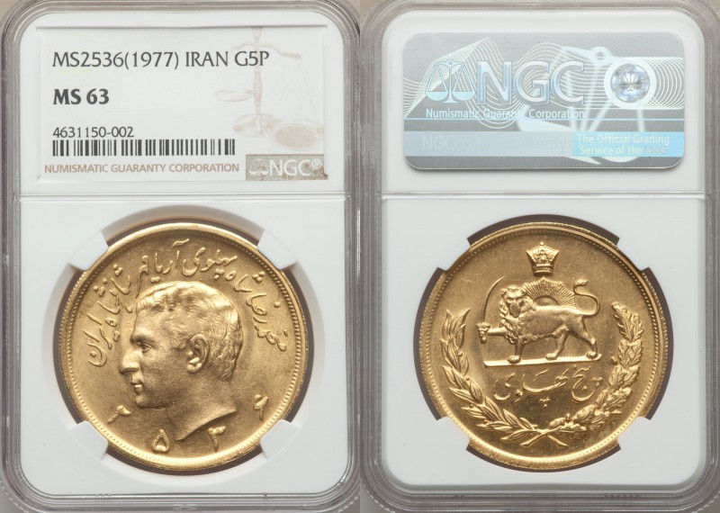Muhammad Reza Pahlavi gold 5 Pahlavi MS 2536 (1977) MS63 NGC, Tehran mint, KM120...