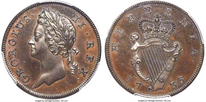 George II Proof 1/2 Penny 1736 PR64 Brown PCGS, KM125. Chocolate-brown patina wi...