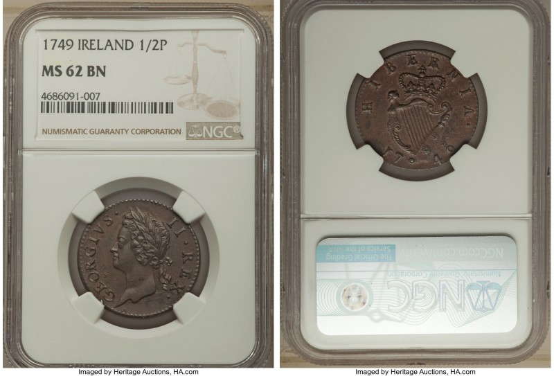 George II 1/2 Penny 1749 MS62 Brown NGC, KM130.2. Deeply toned, mahogany on the ...