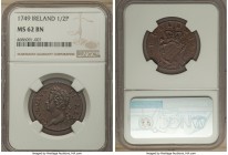 George II 1/2 Penny 1749 MS62 Brown NGC, KM130.2. Deeply toned, mahogany on the obverse and clay red on the reverse, with attractive surfaces free of ...