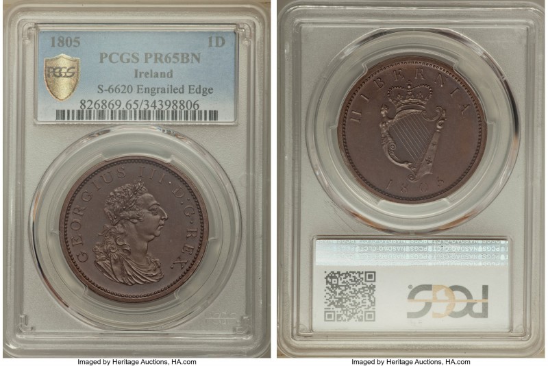 George III Proof Penny 1805 PR65 Brown PCGS, KM148.1, S-6620. Engrailed edge var...