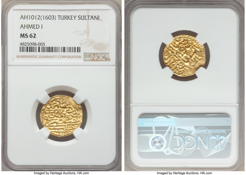 Ottoman Empire. Ahmed I gold Sultani AH 1012 (1603) MS62 NGC, Halab mint (in Syr...