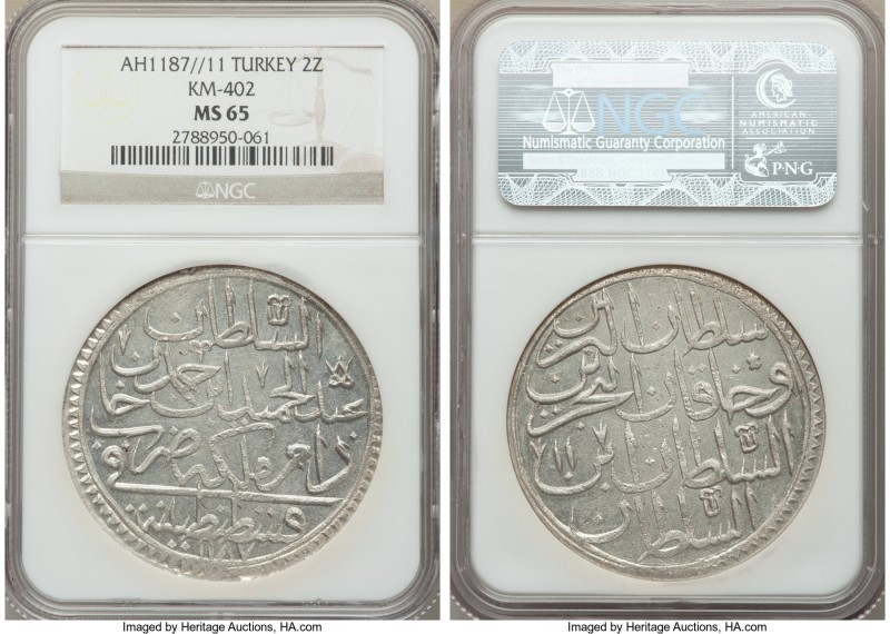 Ottoman Empire. Abdul Hamid I 2 Zolota AH 1187 Year 11 (1782/3) MS65 NGC, Consta...