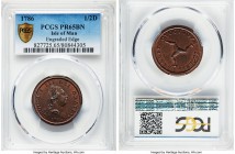 George III Proof 1/2 Penny 1786 PR65 Brown PCGS, KM8. Engrailed edge variety. An example with crisp detail and rich sienna surfaces that brighten agai...