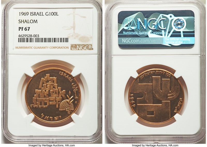 Republic gold "Shalom" Proof 100 Lirot JE 5729 (1969)-(u) PR67 NGC, Utrecht mint...