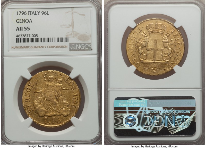 Genoa. Republic gold 96 Lire 1796 AU55 NGC, KM251. An impressive and charming la...