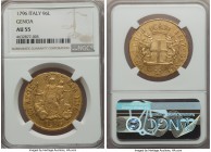 Genoa. Republic gold 96 Lire 1796 AU55 NGC, KM251. An impressive and charming larger gold type, still quite luminous towards the edges for a light sca...