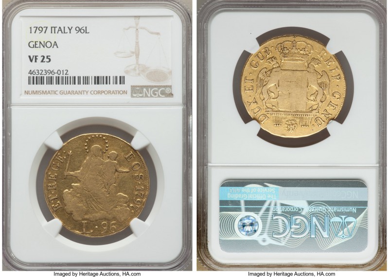 Genoa. Republic gold 96 Lire 1797 VF25 NGC, KM251. Even wear throughout that kee...
