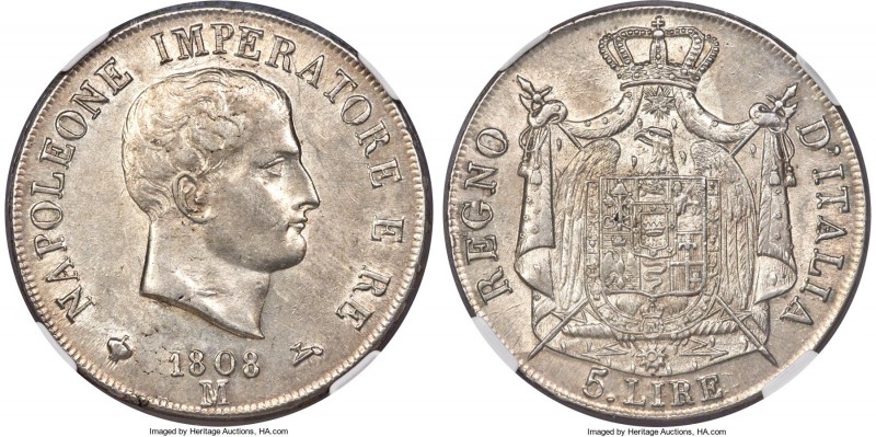 Kingdom of Napoleon. Napoleon 5 Lire 1808-M MS62 NGC, Milan mint, KM10.1. Variet...