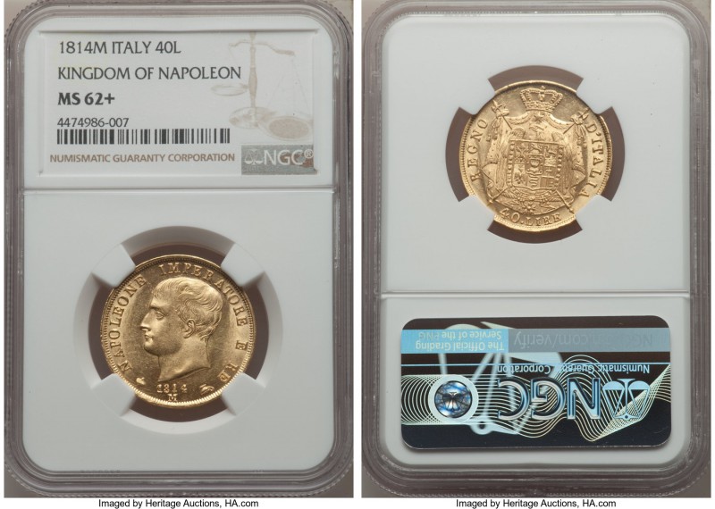 Kingdom of Napoleon. Napoleon gold 40 Lire 1814-M MS62+ NGC, Milan mint, KM12. W...