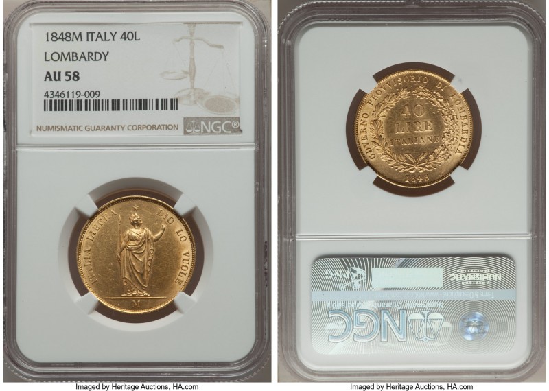 Lombardy-Venetia. Revolutionary Provisional Government gold 40 Lire 1848-M AU58 ...